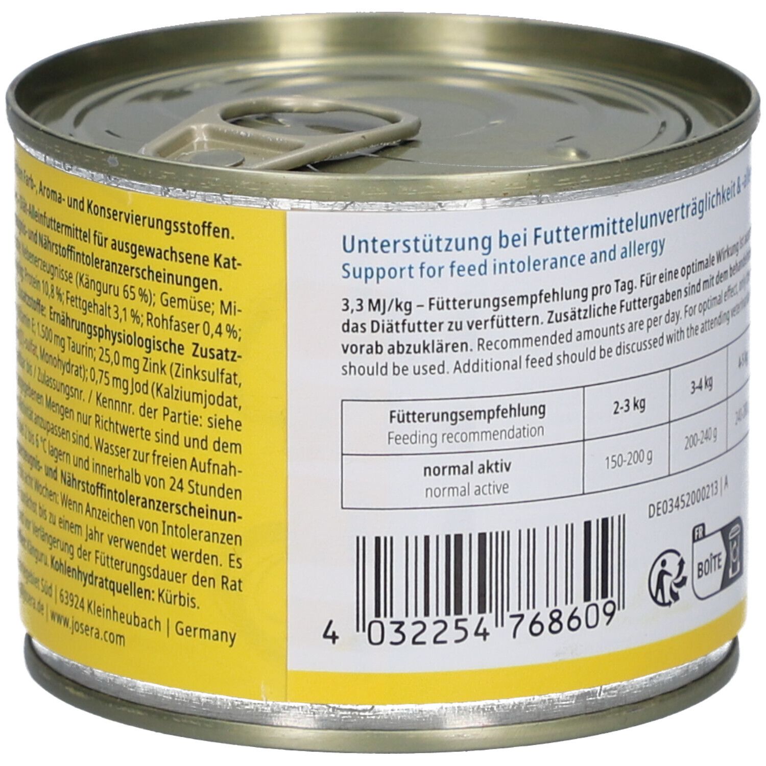 Boîte de nourriture pour chats avec étiquette. Texte : Soutien en cas d'intolérance et d'allergie alimentaires. Recommandations d'alimentation. Code-barres.