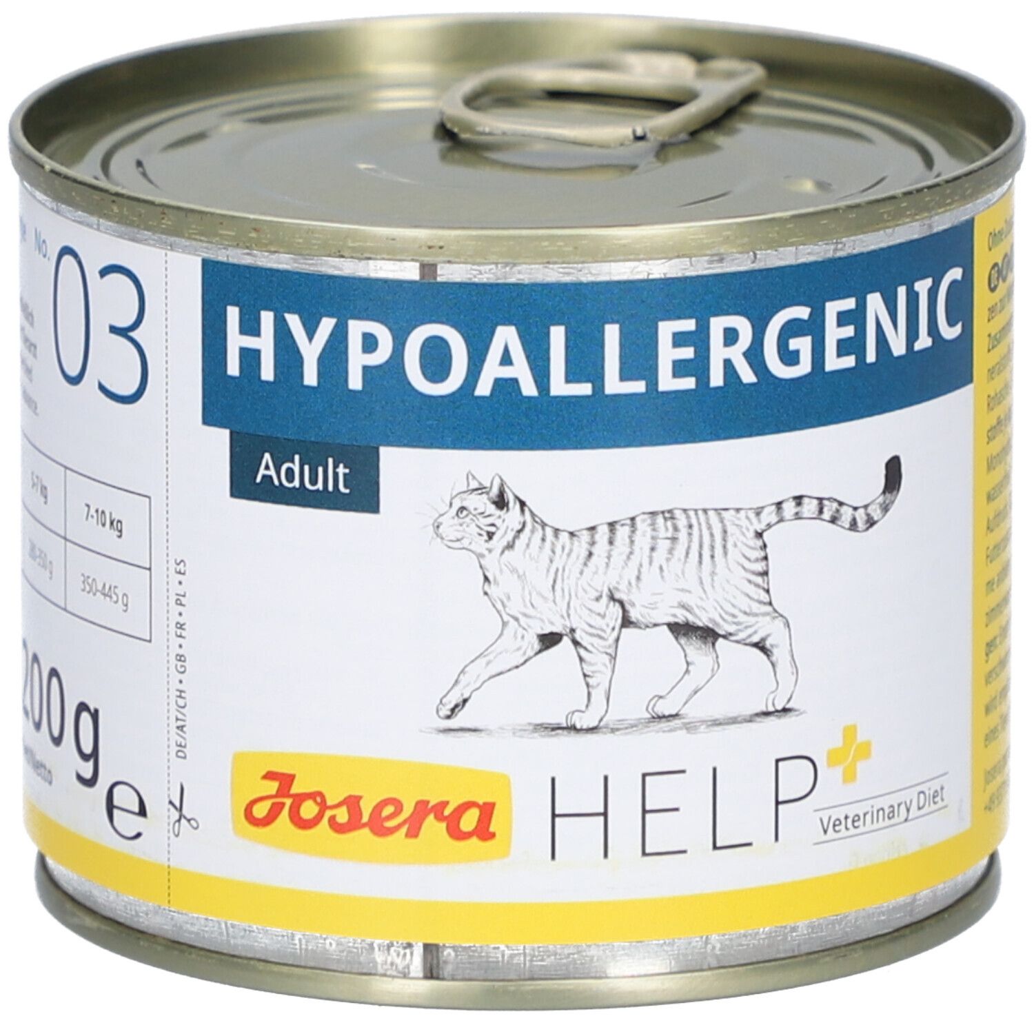 Boîte de nourriture pour chats avec étiquette. Inscription : HYPOALLERGENIC Adult. Logo : JOSERA HELP Veterinary Diet. Image d'un chat. Contenu : 200g.