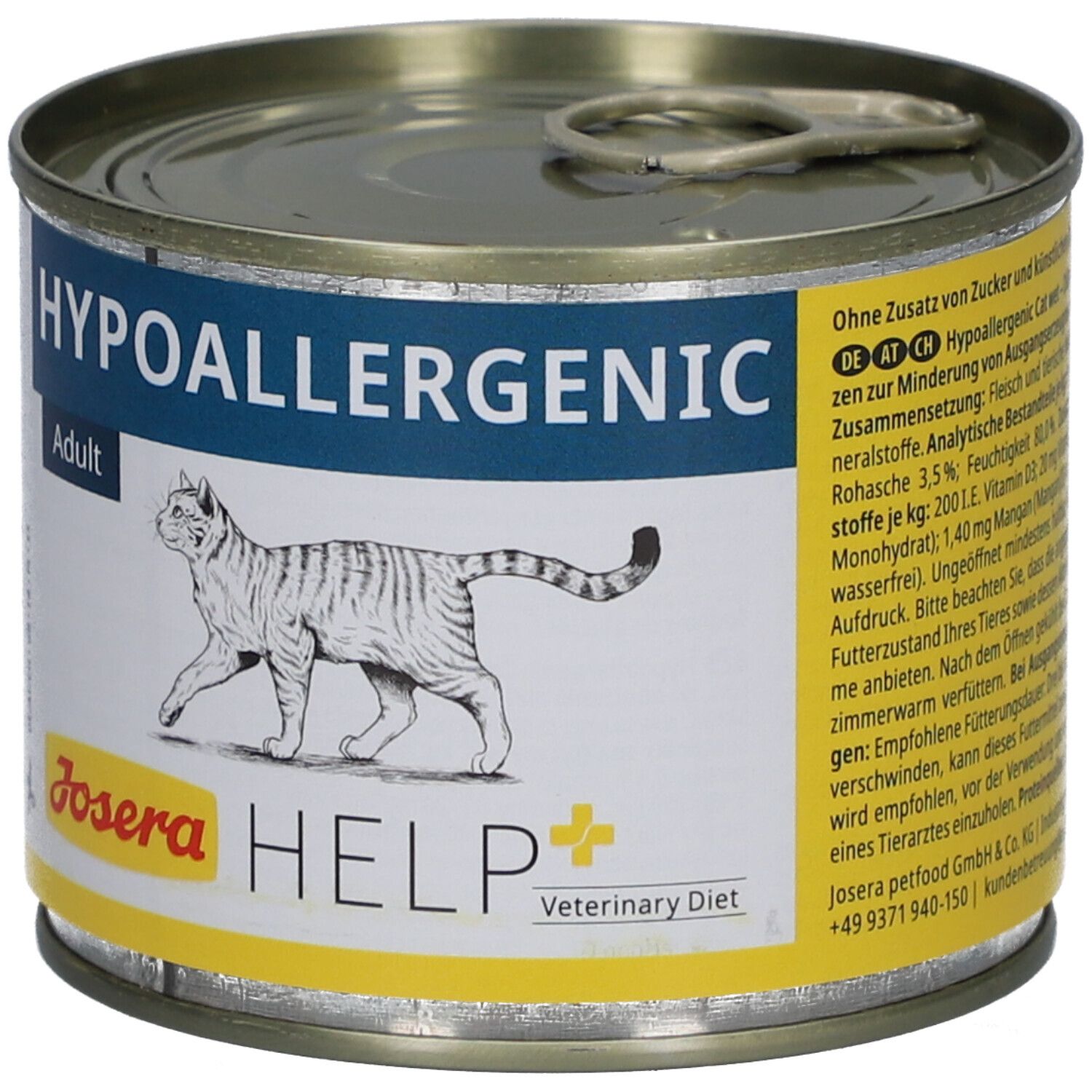 Boîte de nourriture pour chats avec étiquette. Inscription : HYPOALLERGENIC Adult. Logo : JOSERA HELP Veterinary Diet. Image d'un chat.