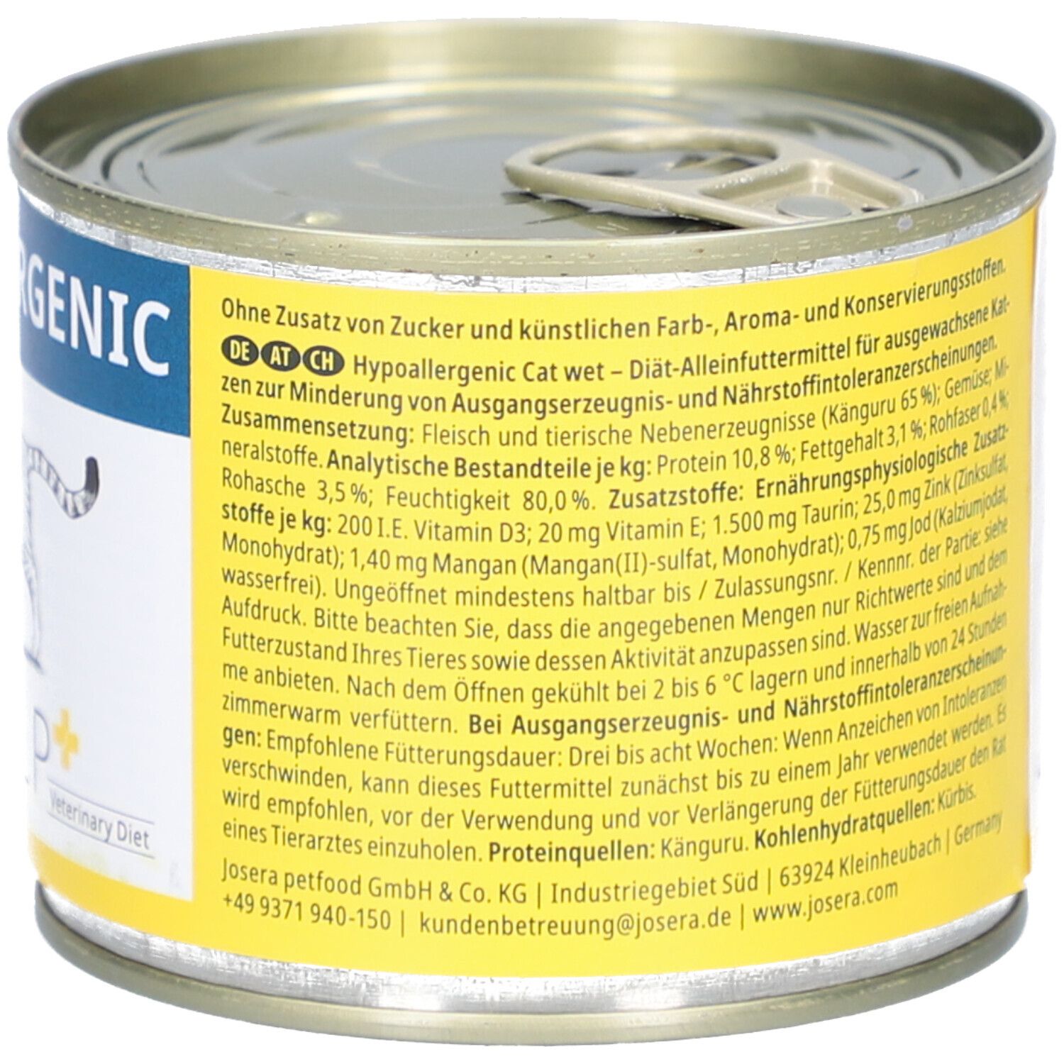 Boîte de nourriture pour chats avec étiquette. Texte : Sans sucre ajouté. Composition. Constituants analytiques. Ingrédients. Coordonnées.