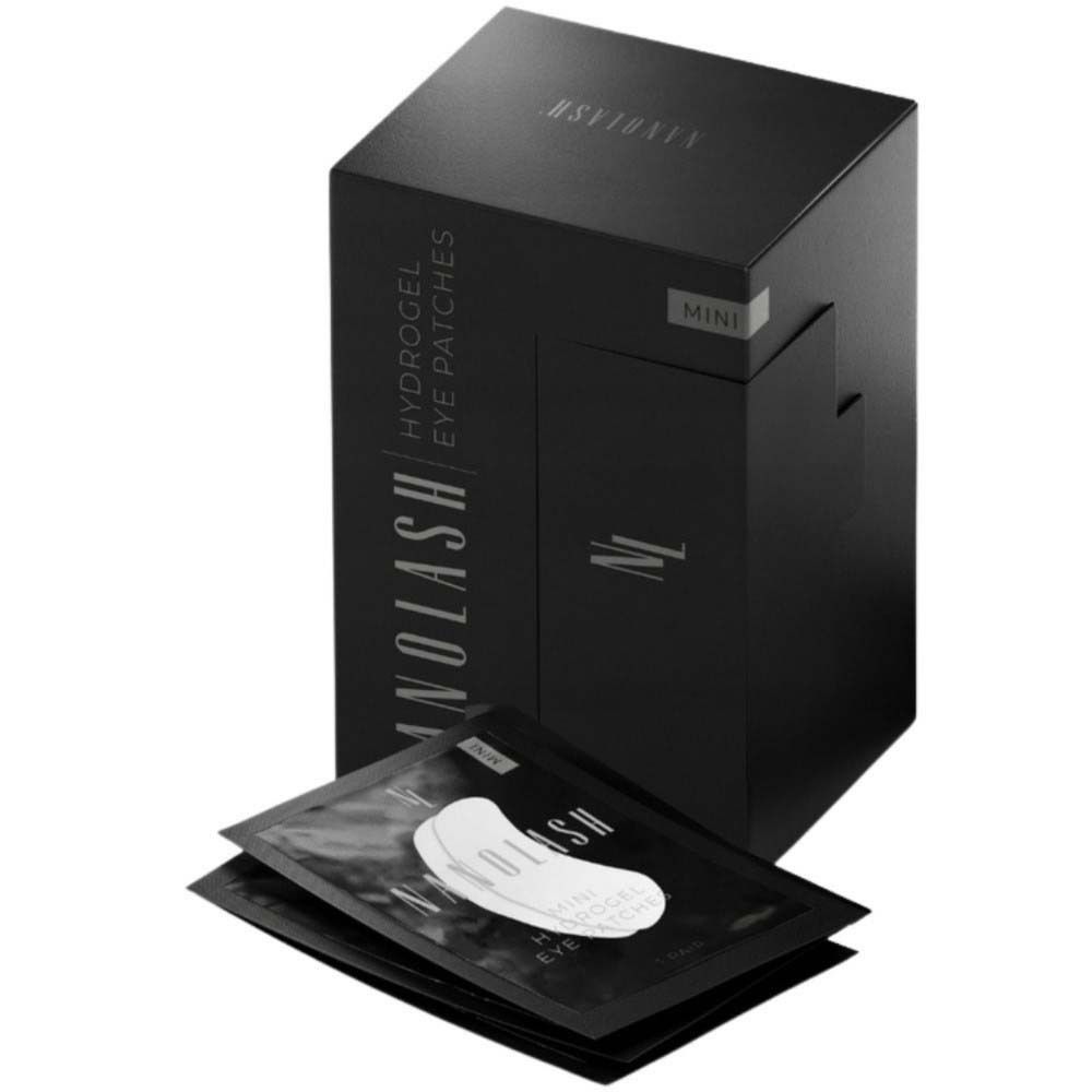 Schwarze Box mit NANOLASH Hydrogel Eye Patches. Enthält einzelne Augenpflaster-Päckchen.