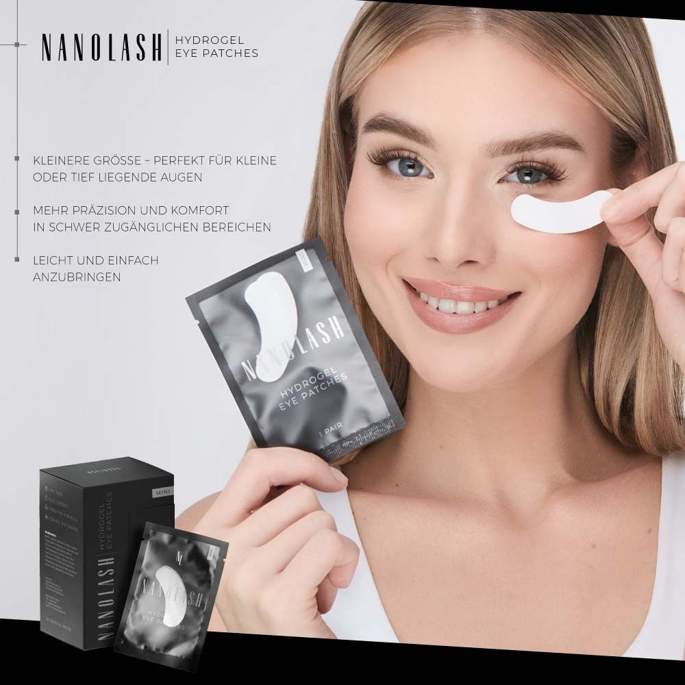 Frau hält ein Augenpflaster. Box und Päckchen mit NANOLASH Hydrogel Eye Patches.