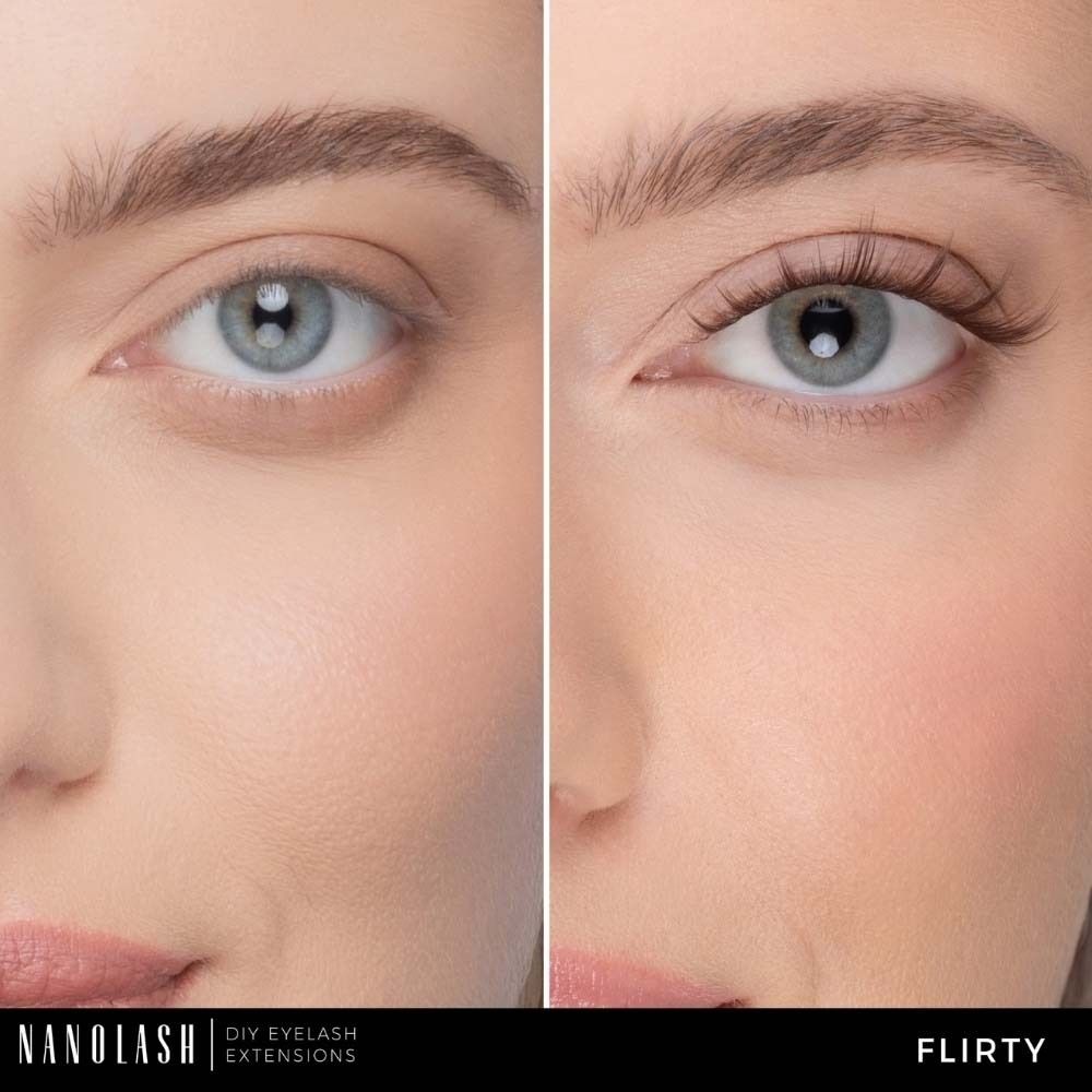 Nahaufnahme eines Auges mit und ohne NANOLASH® DIY Wimpernverlängerungen. Flirty-Stil. Natürliche Haut.