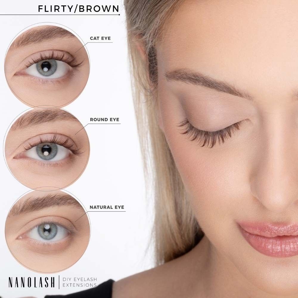 Drei Augenformen mit NANOLASH® DIY Wimpernverlängerungen: Cat Eye, Round Eye, Natural Eye. Flirty/Braun.