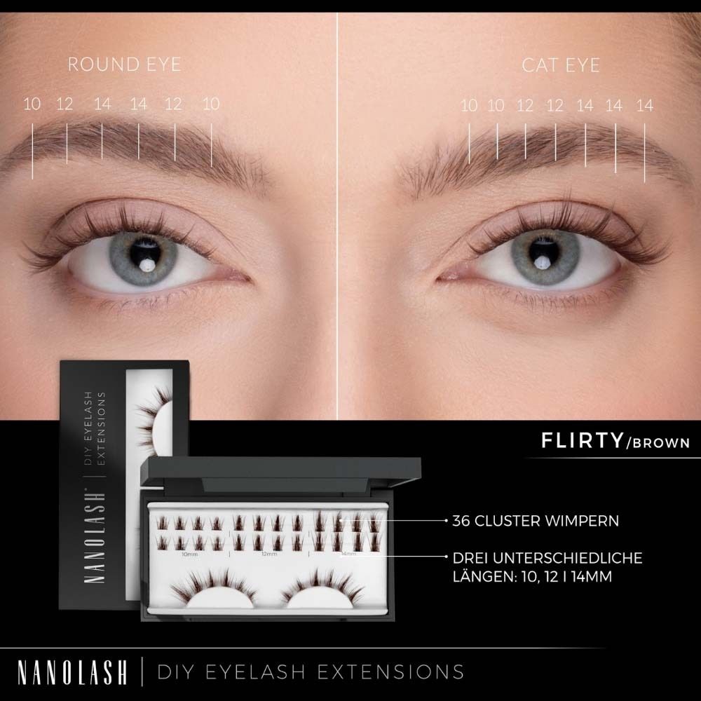 NANOLASH® DIY Wimpernverlängerungen Flirty/Braun. 36 Cluster-Wimpern. Drei Längen: 10, 12, 14mm. Schwarze Verpackung.