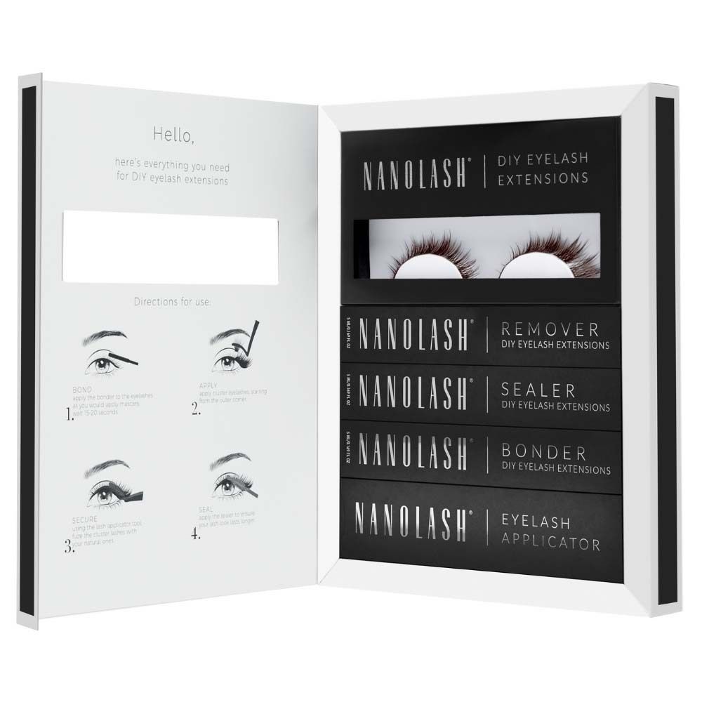NANOLASH® DIY Wimpernverlängerung Starter Kit. Enthält Wimpern, Remover, Sealer, Bonder und Applikator. Schwarze Verpackung.
