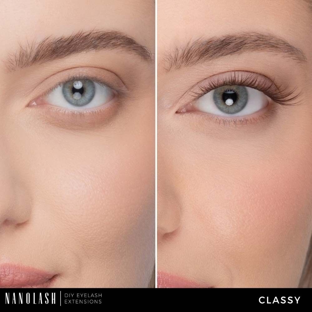 Nahaufnahme eines Auges vor und nach dem Auftragen von Wimpernverlängerungen. Das Ergebnis ist ein vollerer Wimpernkranz.