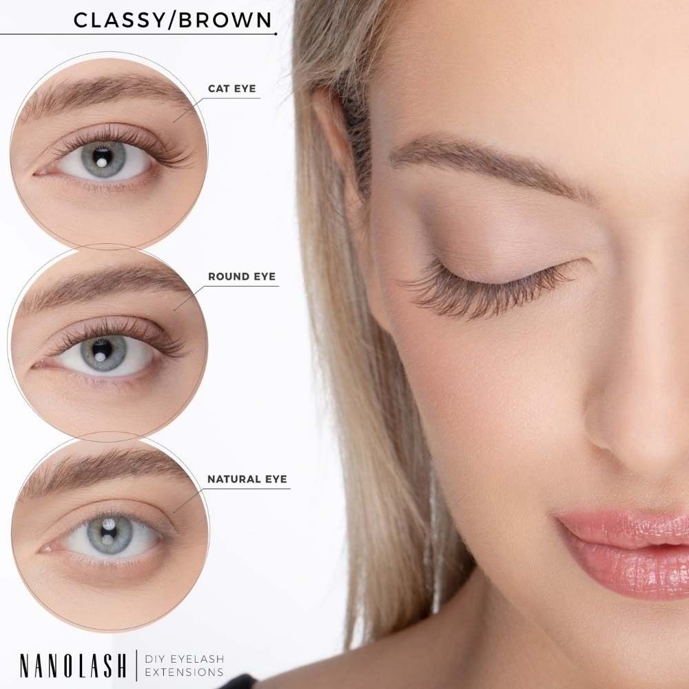 Drei Augenformen mit unterschiedlichen Wimpernverlängerungen: Cat Eye, Round Eye und Natural Eye. Produktname unten.