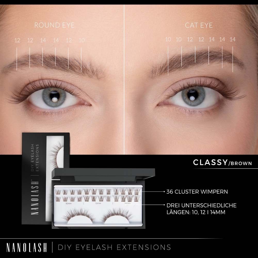 Nahaufnahme von Augen mit Wimpernverlängerungen. Gezeigt werden verschiedene Längen. Produktname und Text.