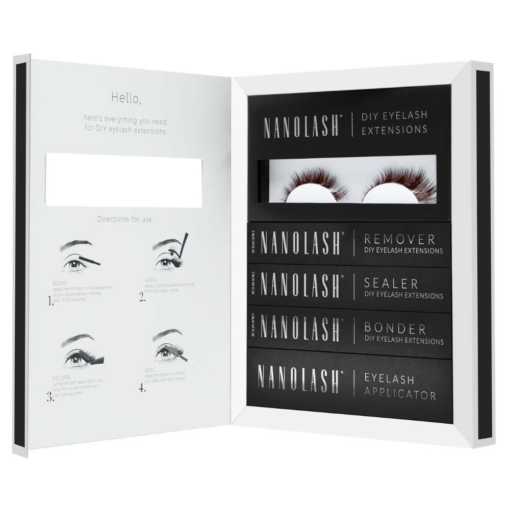NANOLASH® DIY Eyelash Extensions Starter Kit. Geöffnetes Etui mit Wimpern, Remover, Sealer, Bonder und Applikator. Anleitungen.