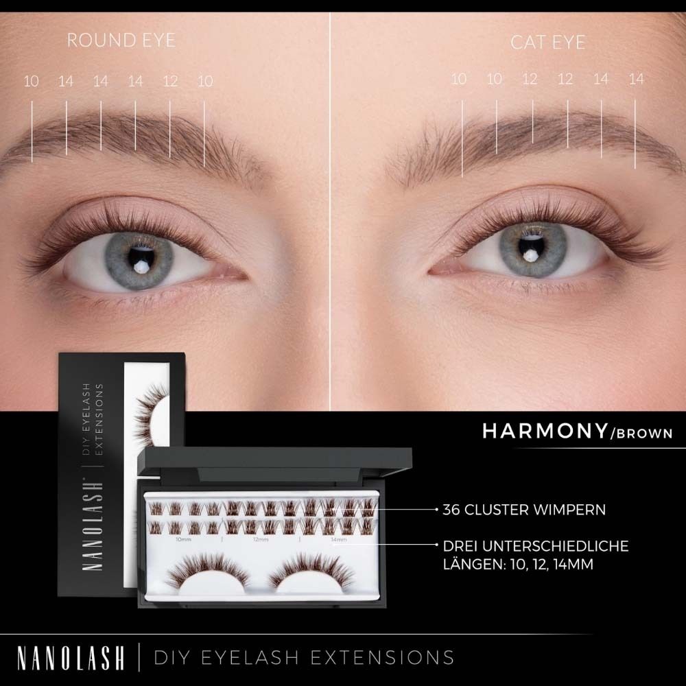 Gesicht mit Augen. Oben: Augen mit Wimpern. Unten: NANOLASH® DIY Eyelash Extensions, 36 Cluster Wimpern. HARMONY/BRAUN.