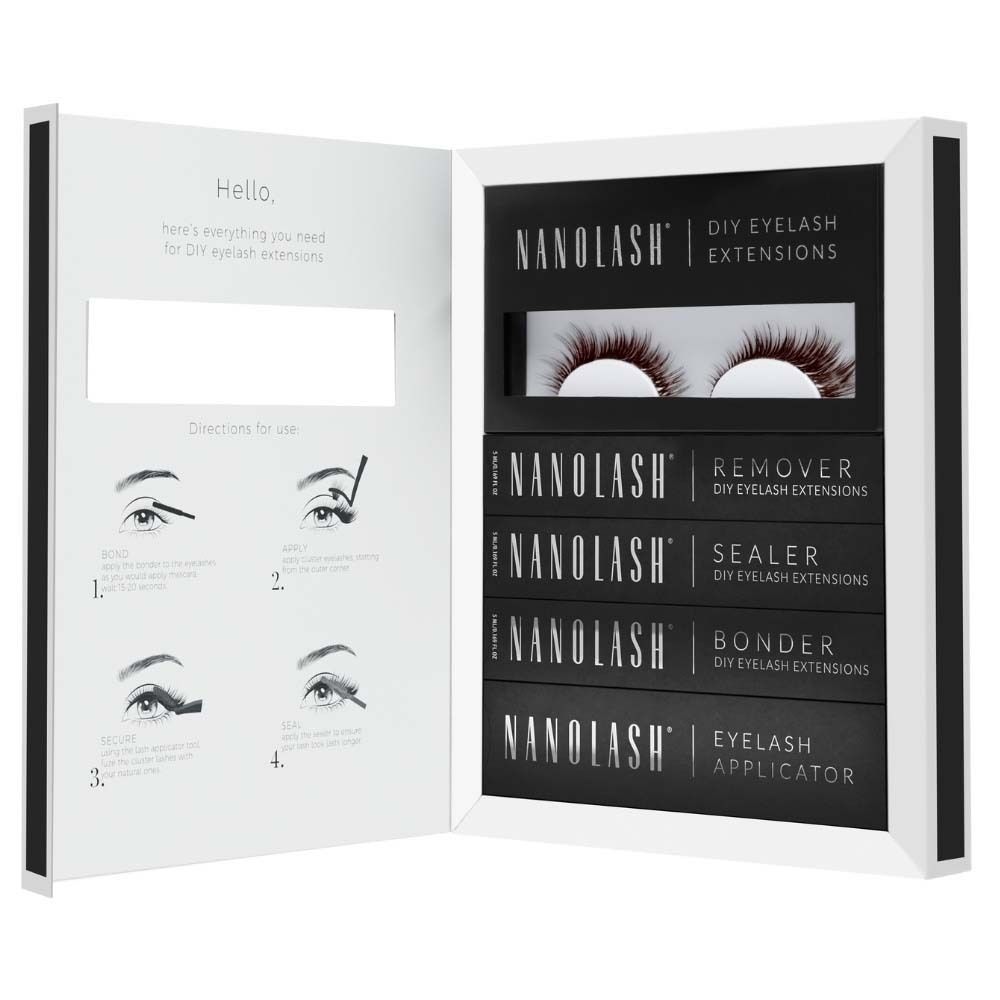 Kit de démarrage NANOLASH® DIY Extension de cils. Contient cils, dissolvant, scellant, colle et applicateur. Emballage noir.