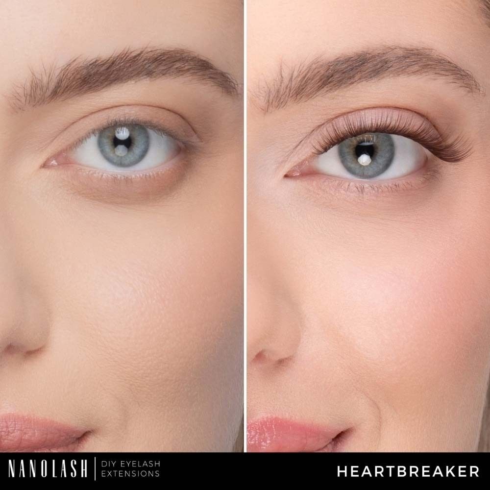 Gros plan sur un œil avec extensions de cils NANOLASH®. L'œil droit a des cils plus longs. Nom du produit: HEARTBREAKER.