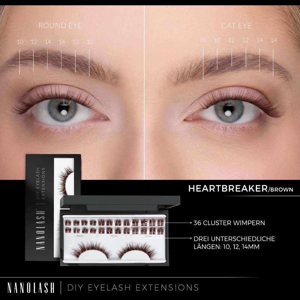 Extensions de cils NANOLASH® DIY. 36 cils en grappes. Trois longueurs: 10, 12, 14mm. Nom du produit: HEARTBREAKER/BROWN.