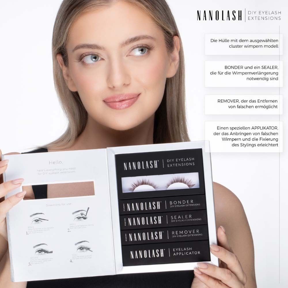Kit de démarrage NANOLASH® DIY Extension de cils. Contient cils, dissolvant, scellant, colle et applicateur. Emballage noir.