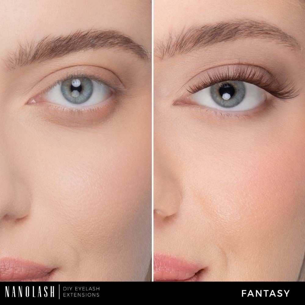 Vorher-Nachher-Vergleich: Ein Auge ohne und mit NANOLASH® Wimpernverlängerung. Das rechte Auge zeigt verlängerte Wimpern.