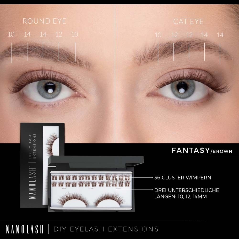 NANOLASH® Wimpernverlängerungen in der Verpackung. 36 Cluster, drei Längen: 10, 12, 14 mm. Produktname und Logo.