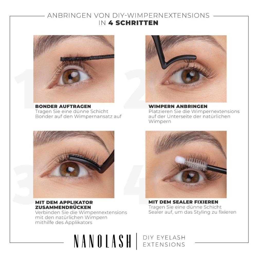 Anleitung zur Anwendung von NANOLASH® Wimpernverlängerungen in 4 Schritten. Applikator, Bonder, Sealer.