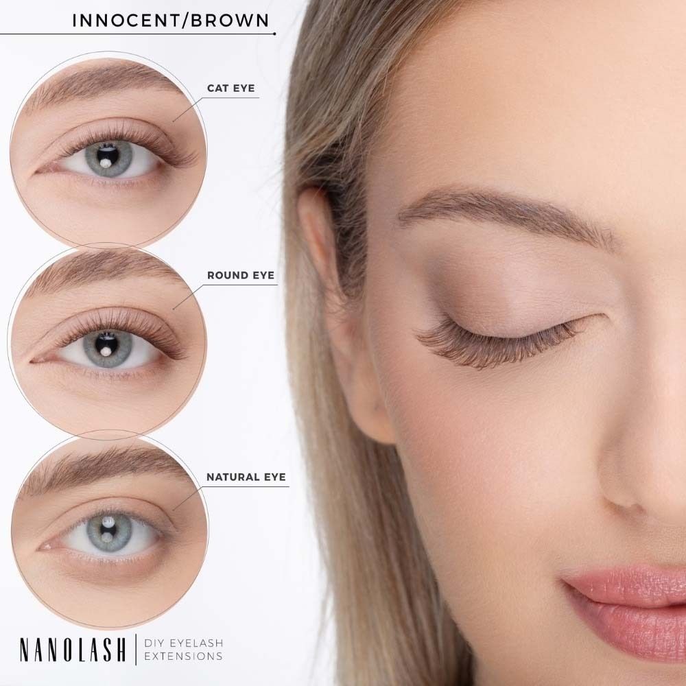 Drei Augenformen mit NANOLASH® DIY-Wimpernverlängerungen: Cat Eye, Round Eye, Natural Eye. Produktname: Innocent.