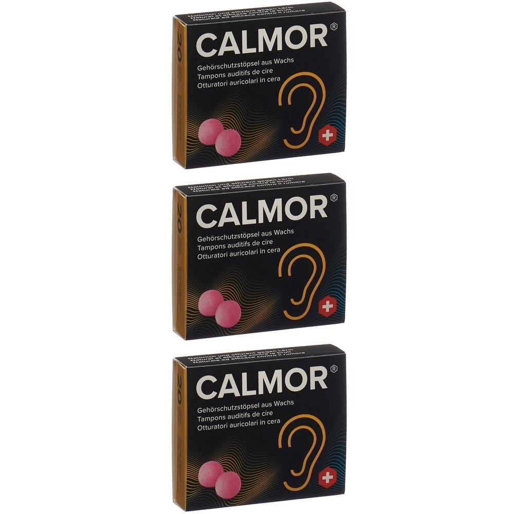 Trois boîtes de CALMOR. Chaque boîte affiche le nom de la marque, un symbole d'oreille et des bouchons d'oreille roses.