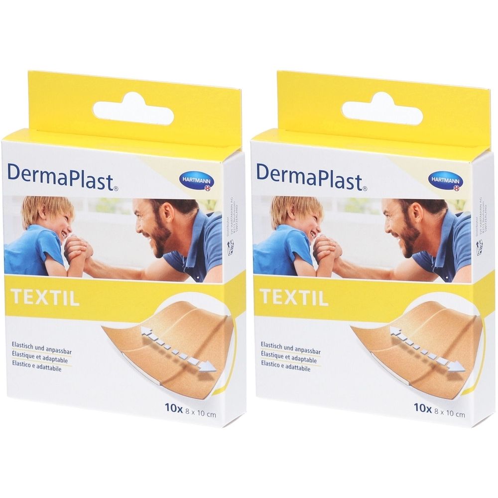 Zwei Kartons Dermaplast Textil Pflaster. Aufdruck: 10 x 8 x 10 cm. Gelbe Aufhängung. Bild von Mann und Kind.