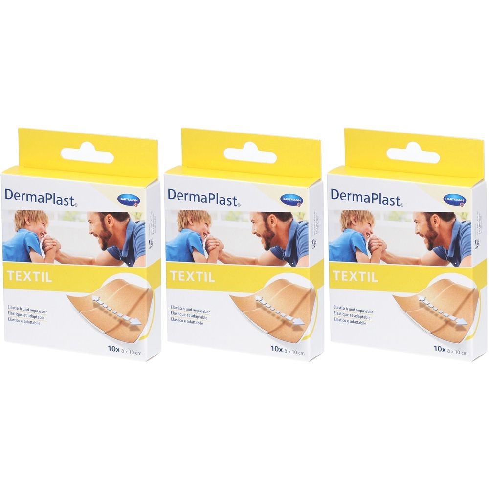 Drei Schachteln Dermaplast® Textil Pflaster. Gelbe Verpackung mit Produktabbildung und Text. Aufschrift: TEXTIL, 10 x 10 cm.