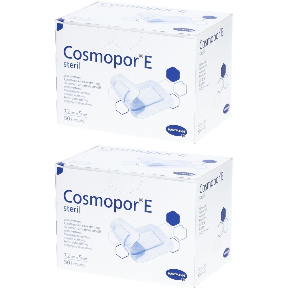 Deux boîtes de Cosmopor E stérile. Inscriptions : marque, nom du produit, taille, illustration d'un pansement. Logo du fabricant.