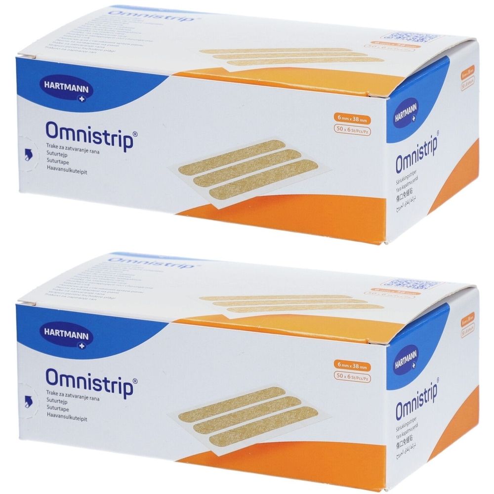 Deux boîtes de HARTMANN Omnistrip. Des bandes adhésives sont représentées sur chaque emballage. Impression : 6 x 38 mm.