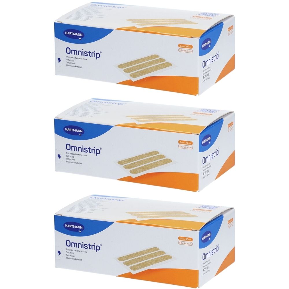 Trois boîtes de HARTMANN® Omnistrip®. Plusieurs bandes beiges sont visibles sur chaque boîte. Accents bleus et oranges.