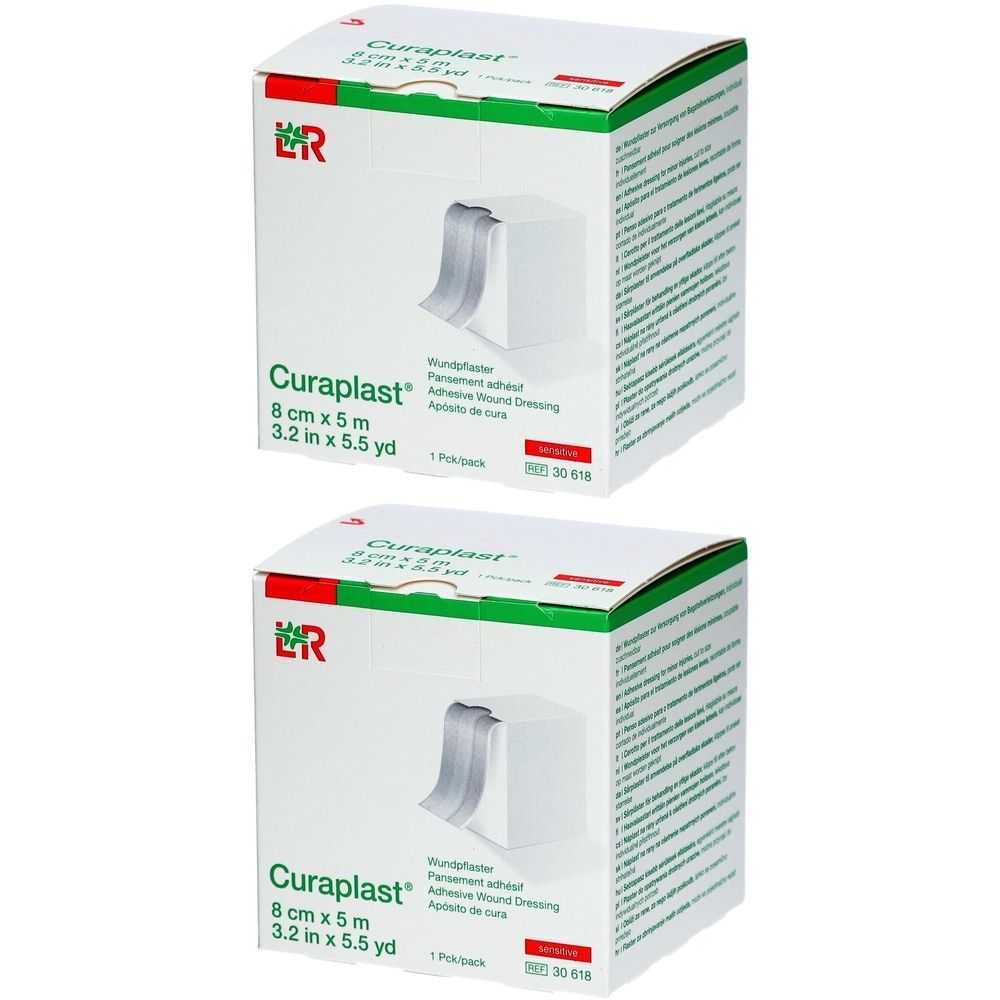 Zwei Kartons mit L&R Curaplast® Heftpflaster. Aufdruck: 8 cm x 5 m, 3.2 in x 5.5 yd. Logo: L&R.