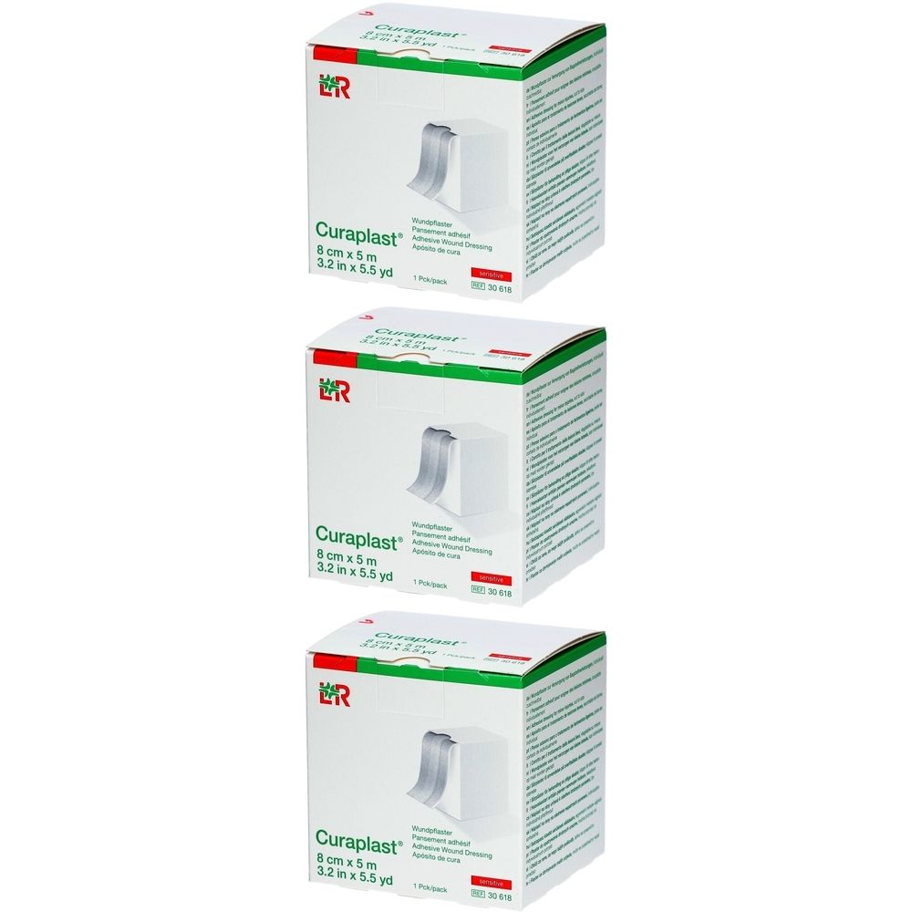 Drei Packungen Curaplast® Heftpflaster. Jede Packung zeigt das Produkt, die Größe 8 cm x 5 m und das Logo L&R.