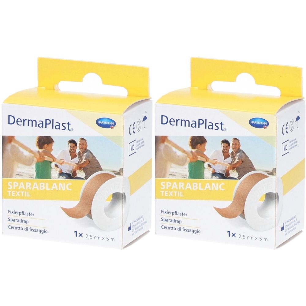 Zwei Kartons Dermaplast Sparablanc Textil. Aufdruck: 2,5 cm x 5 m. Beige farbige Rolle Fixierpflaster. CE-Kennzeichnung.