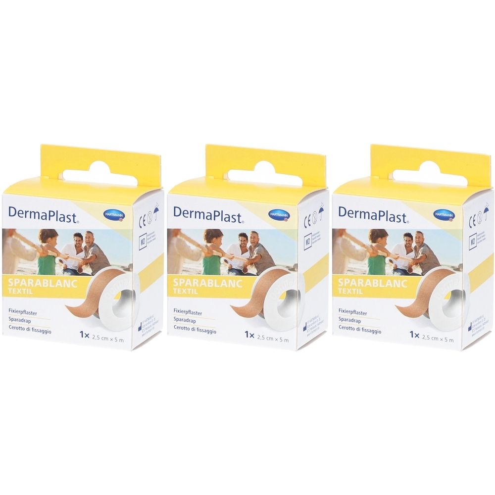 Drei Packungen Sparablanc Textil Pflaster. Gelbe und weiße Verpackung mit Produktnamen und Abbildung. Rolle Pflaster sichtbar.