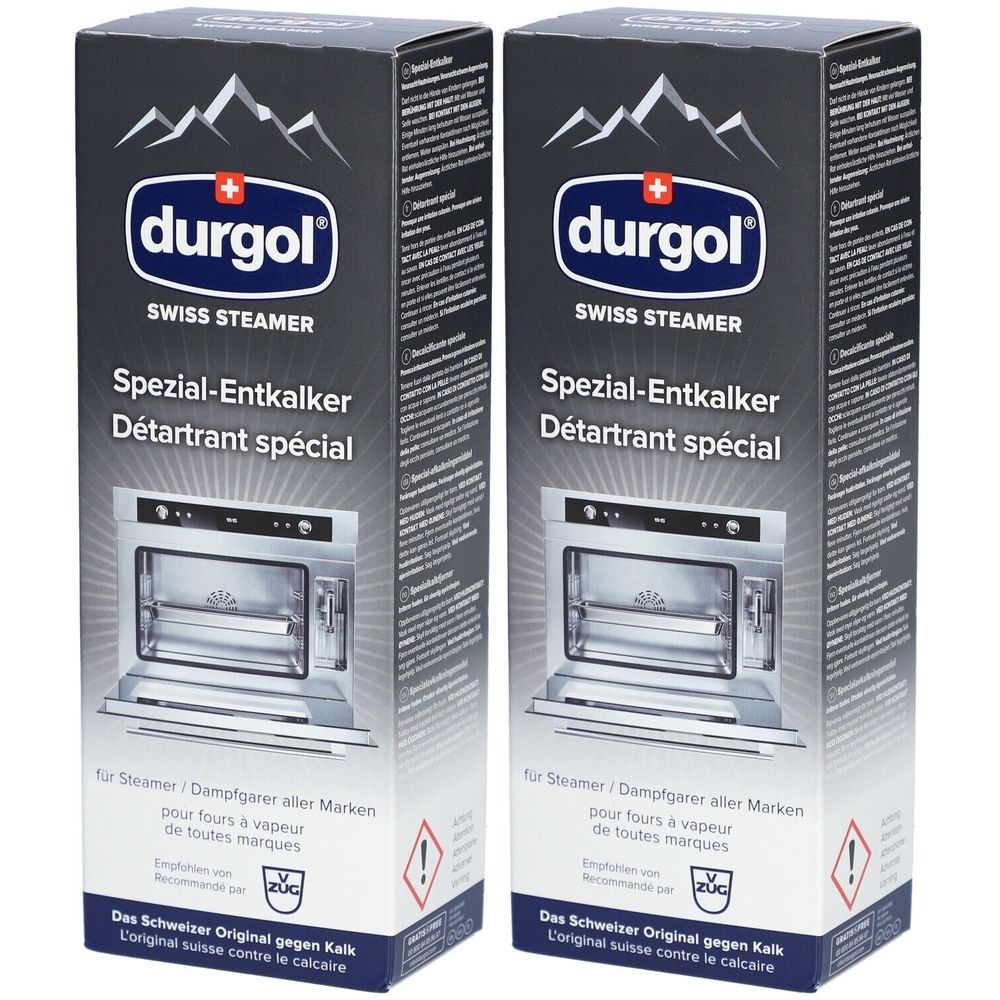 Zwei Kartons mit "durgol"-Logo und Text: Spezial-Entkalker. Abbildung eines Ofens. Schweizer Original gegen Kalk.