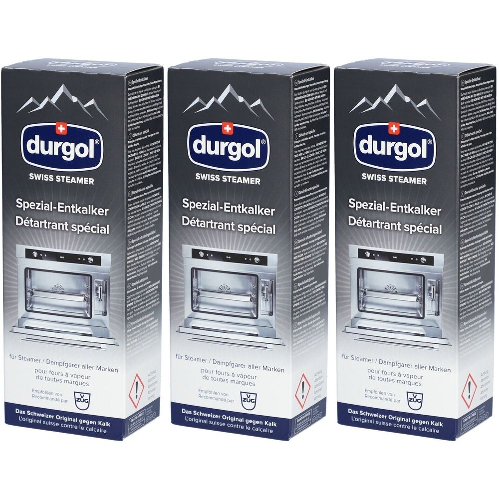 Drei Schachteln mit "durgol Swiss Steamer Spezial-Entkalker". Schwarze Verpackung mit Produktabbildung und Text in Deutsch und Französisch.