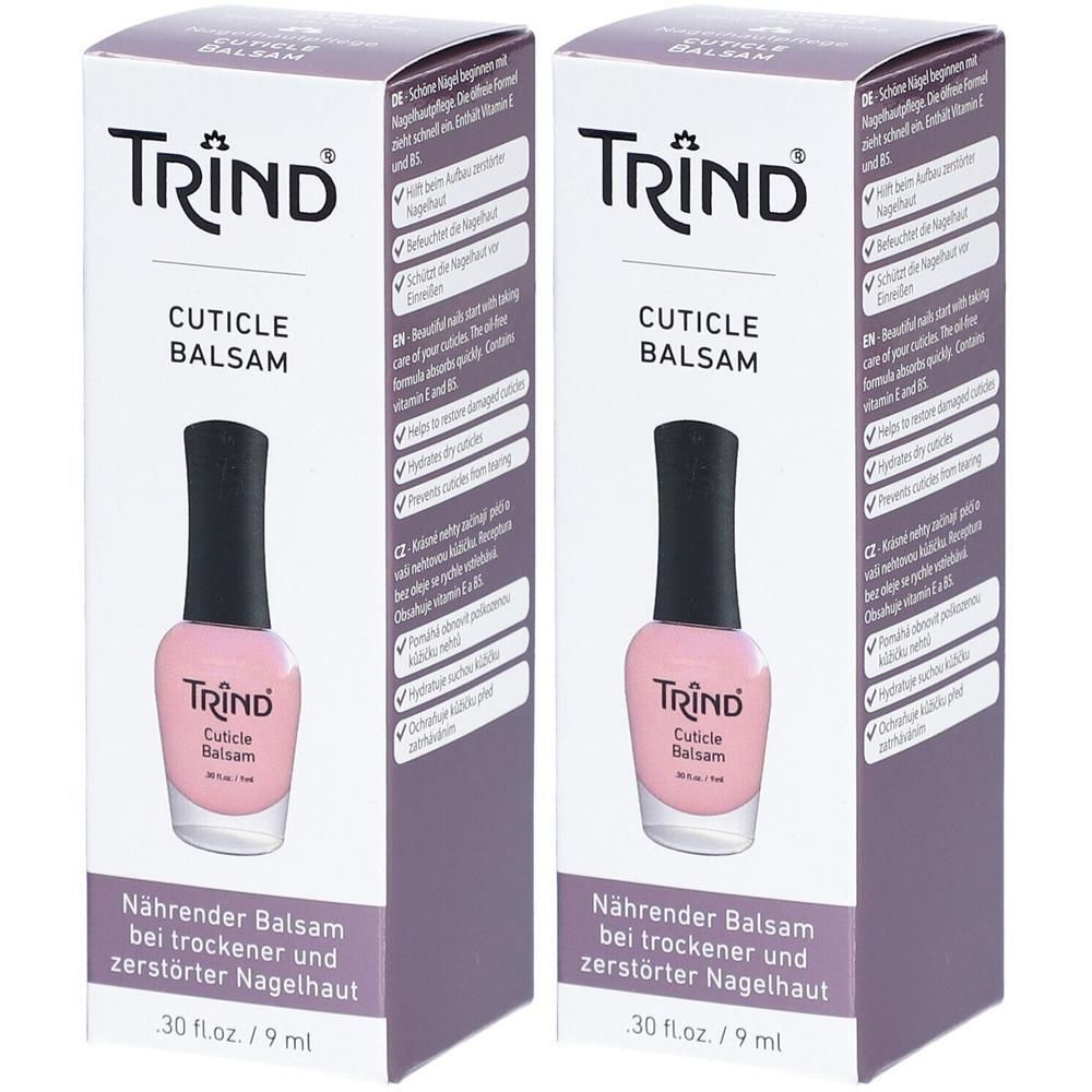 Deux paquets de baume pour cuticules TRIND®. Baume rose dans un flacon avec applicateur noir.