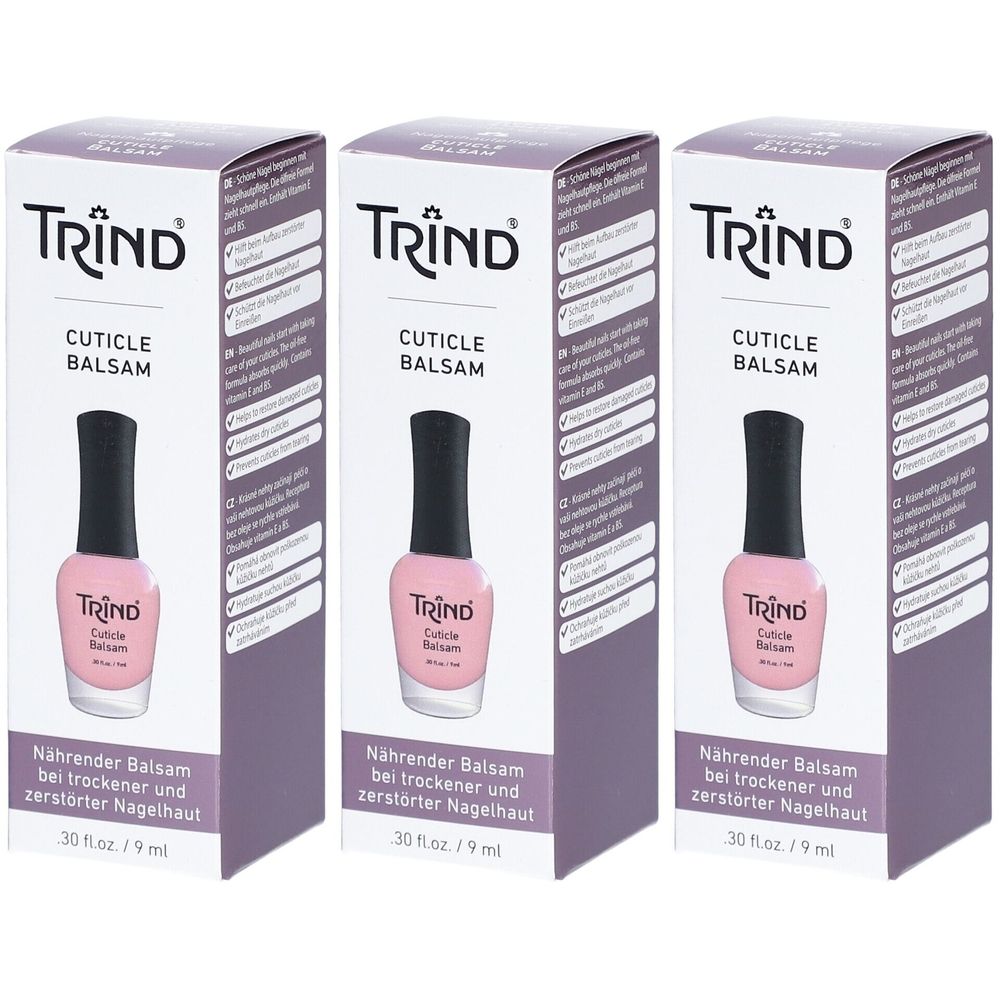 Trois emballages de TRIND Cuticle Balsam. Chaque emballage contient un flacon de baume pour cuticules. Sur l'emballage, on lit "Nährender Balsam bei trockener und zerstörter Nagelhaut".