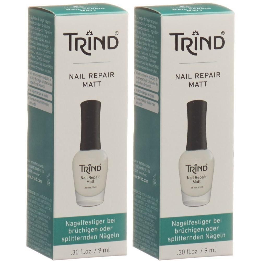Deux boîtes de vernis à ongles TRIND Nail Repair Matt. Chaque boîte montre une bouteille de vernis.
