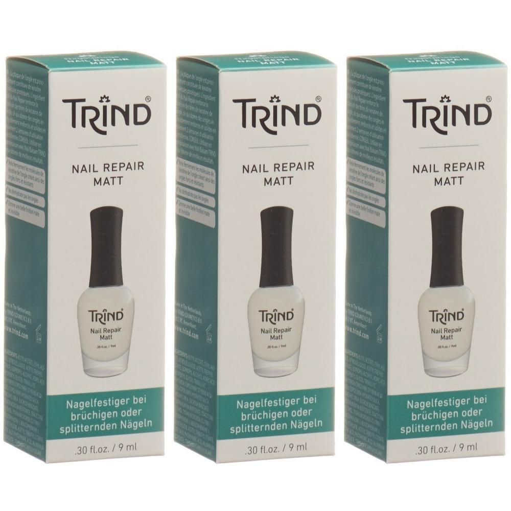 Trois boîtes de vernis à ongles TRIND Nail Repair Matt. Chaque boîte montre une image du vernis.