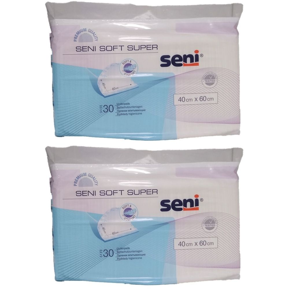 Zwei Packungen Seni Soft Super Krankenunterlagen. Jede Packung enthält 30 Stück, 40 x 60 cm. Marke Seni.