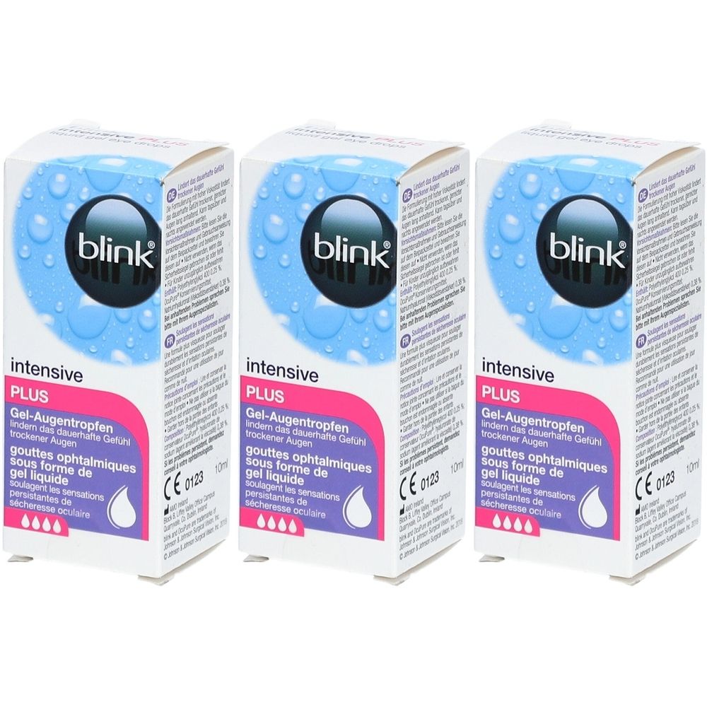 Drei Schachteln mit Augentropfen. Auf jeder Schachtel steht "blink intensive PLUS". Die Verpackung hat eine blaue und rosa Farbgebung.
