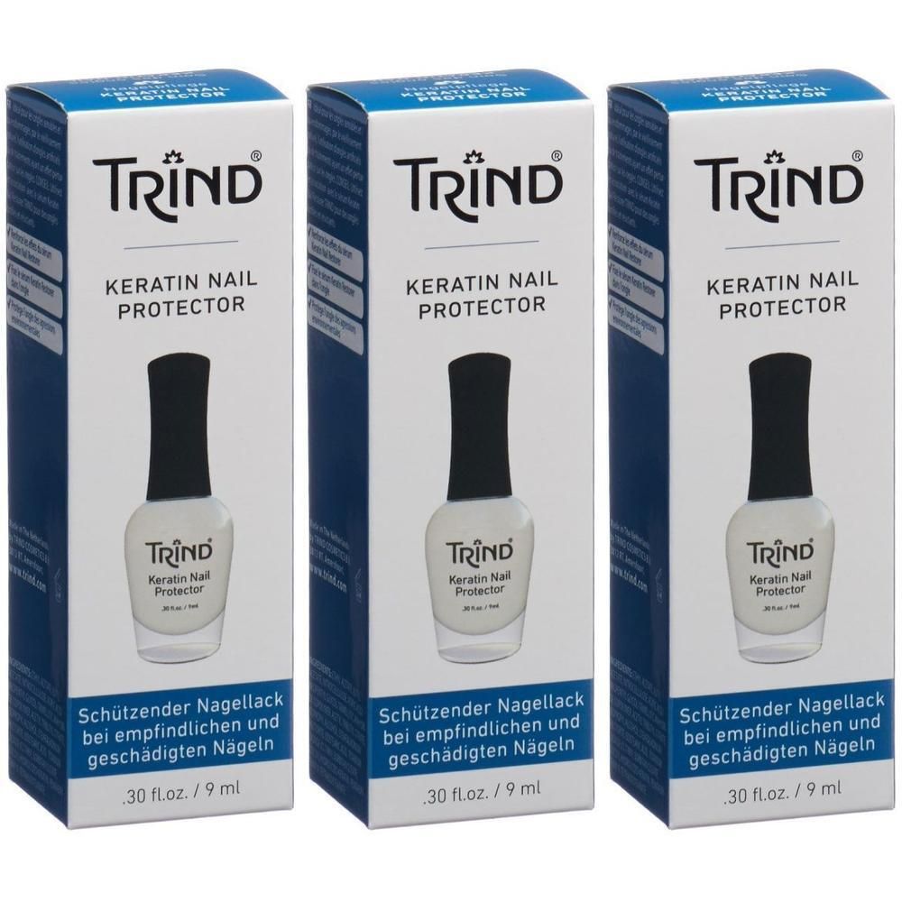 Trois boîtes de TRIND Keratin Nail Protector base coat. Chaque boîte montre une bouteille de vernis à ongles.
