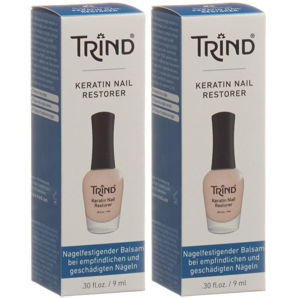 Deux boîtes de TRIND Keratin Nail Restorer, 9 ml chacune. Contient un baume fortifiant pour ongles sensibles ou abîmés.