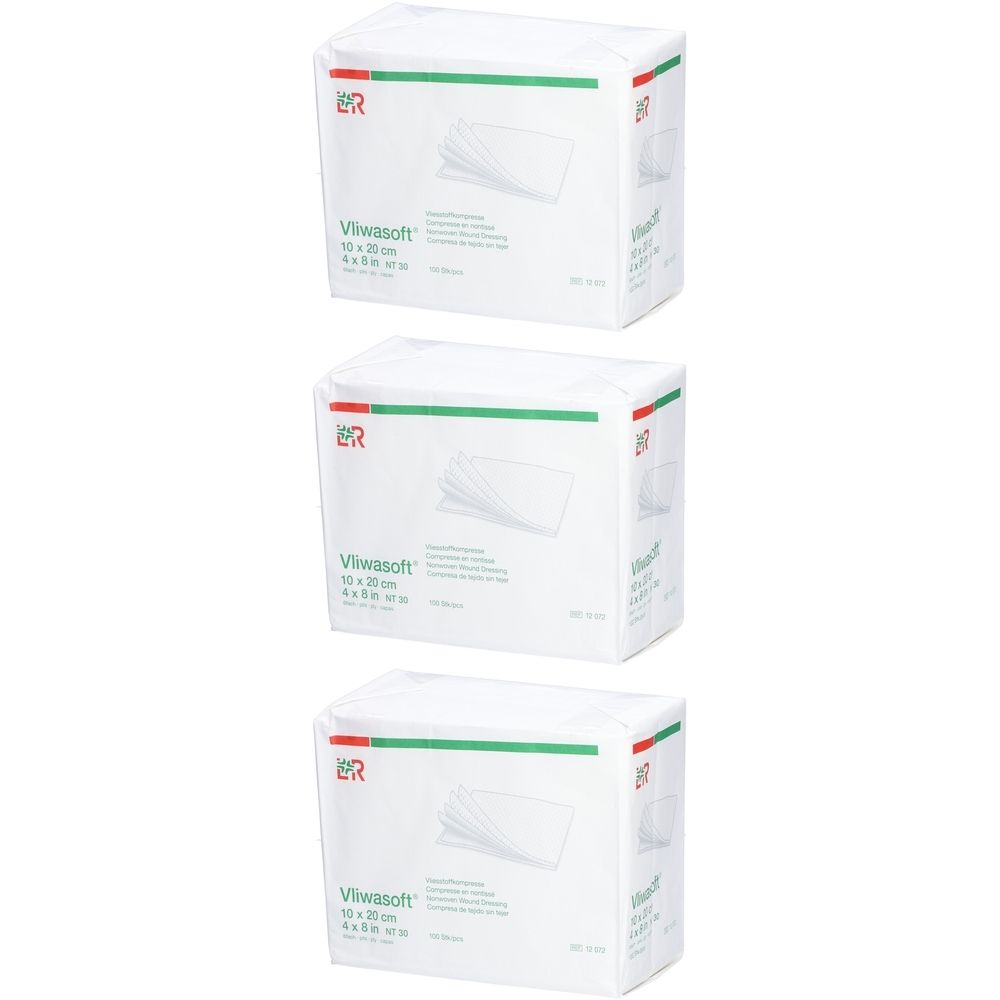Drei Packungen Vliwasoft 10x20cm. Weiße Verpackung mit rotem und grünem Logo. Produktname und Größe deutlich sichtbar.