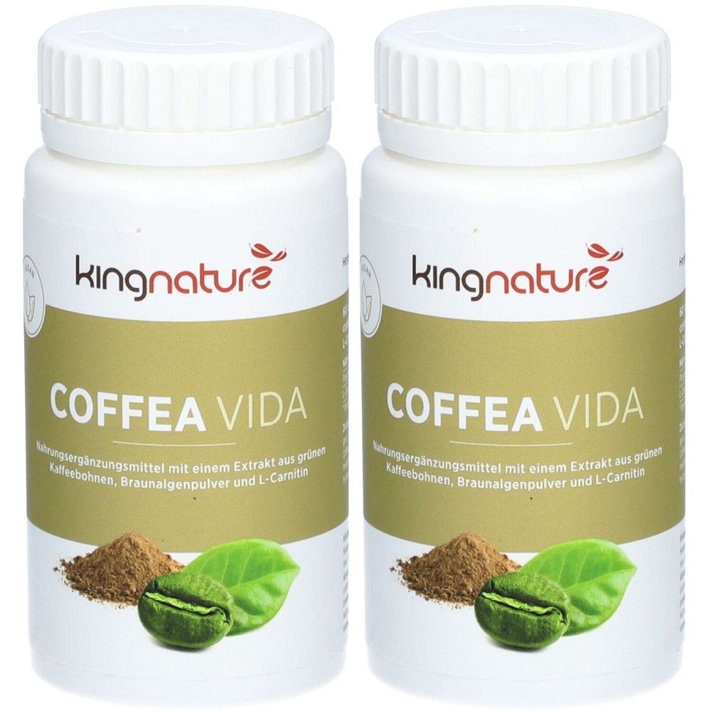 Deux flacons blancs avec l'inscription "kingnature COFFEA VIDA". En dessous, des grains de café verts, des feuilles et de la poudre.
