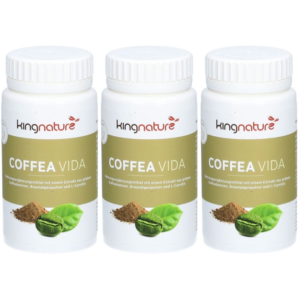 Trois flacons blancs avec l'inscription "COFFEA VIDA". En dessous, des feuilles vertes et de la poudre de café.