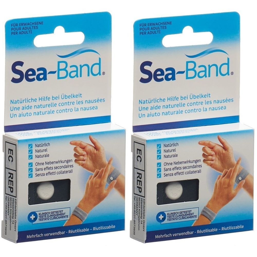Deux boîtes de bracelets Sea-Band. Chaque boîte montre un bracelet sur un poignet. Texte: Aide naturelle contre la nausée.