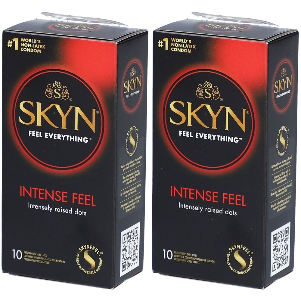 Deux boîtes de préservatifs. Inscription : SKYN, INTENSE FEEL. 10 pièces. Préservatifs sans latex n°1 au monde.