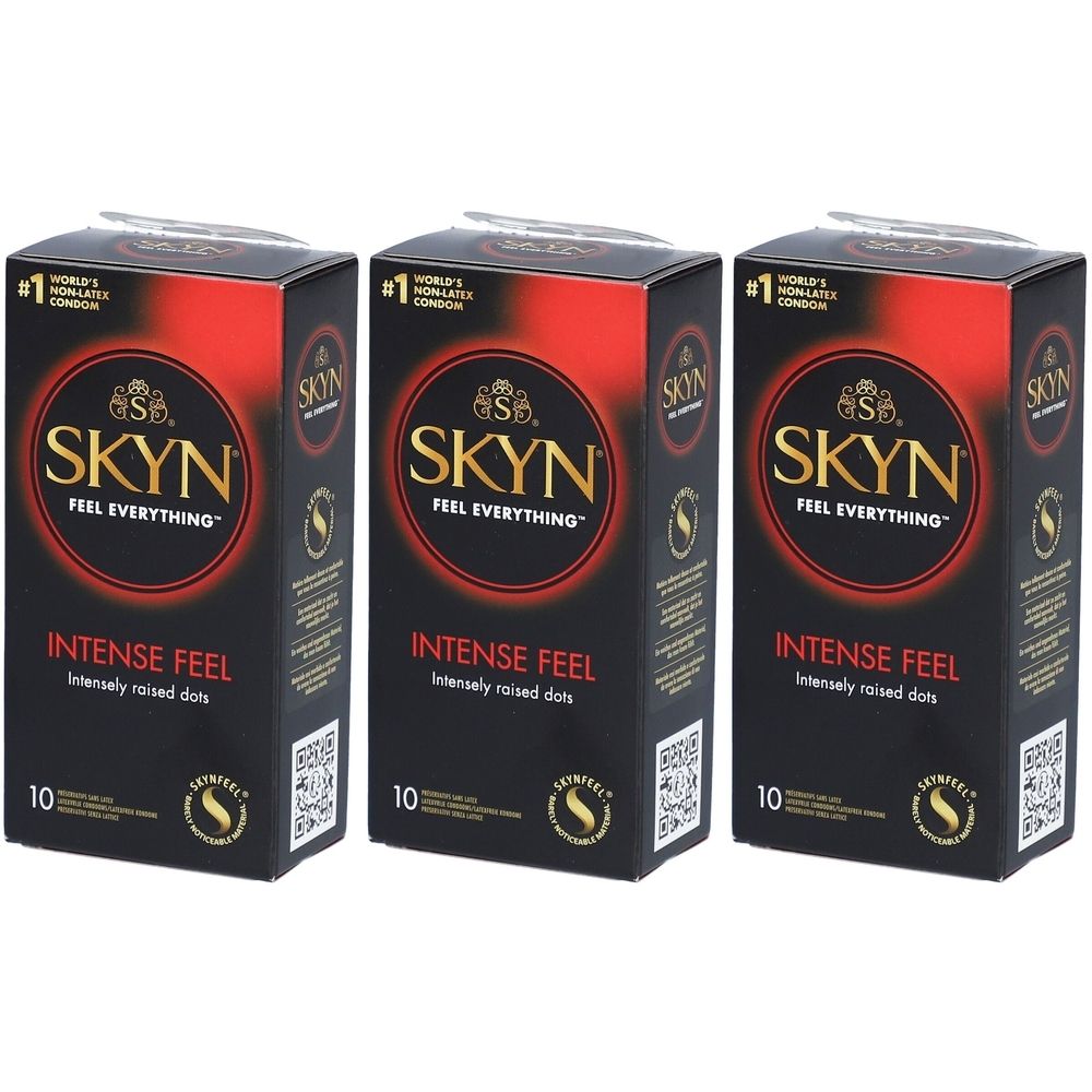 Trois boîtes de préservatifs SKYN. Emballage noir avec accent rouge. Inscription : INTENSE FEEL, 10 pièces.