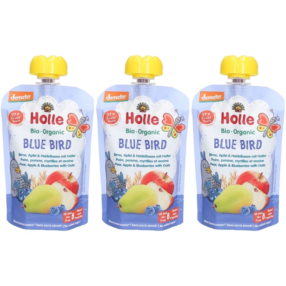 HOLLE Blue Bird Trinkflasche Birne, Apfel, Heidelbeere und Hafer bio